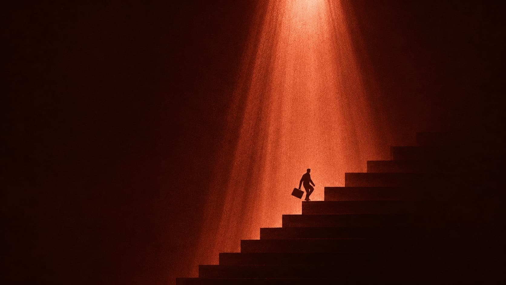 A figure climbing steps through warm light